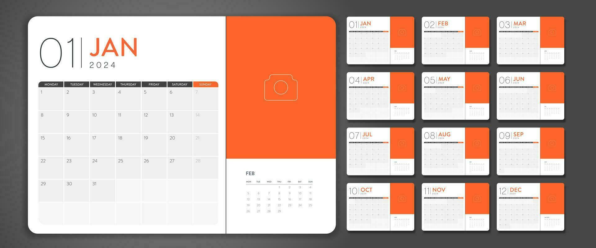 2024 kreativ minimal företag en gång i månaden kalender mall vektor. skrivbord, vägg kalender för skriva ut, digital kalender eller planerare. vecka Start på måndag. enkel modern årlig kalender layout design element. vektor