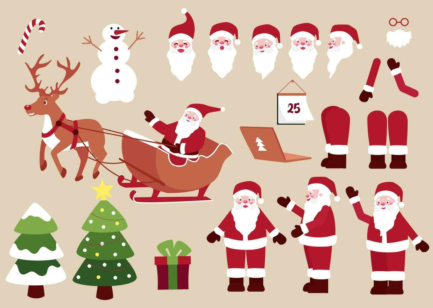 santa claus är en platt tecknad serie karaktär för animering design med olika ansiktsbehandling uttryck, hand gester, kropp och ben rörelse illustrationer. vektor. vektor