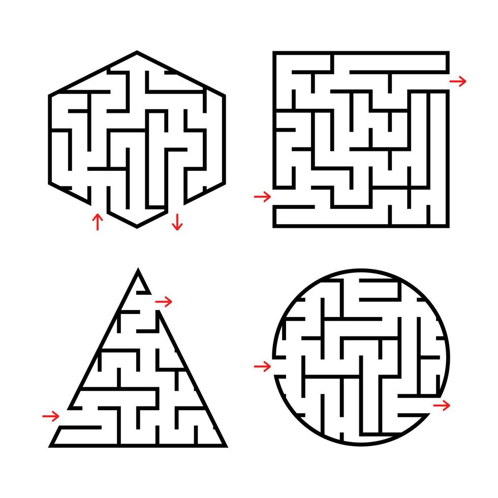 eine Reihe von Labyrinthen für Kinder. ein Quadrat, ein Kreis, ein Sechseck, ein Dreieck. einfache flache Vektorillustration lokalisiert auf weißem Hintergrund. vektor