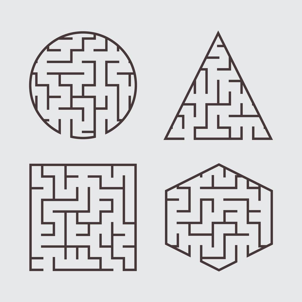 eine Reihe von Labyrinthen für Kinder. ein Quadrat, ein Kreis, ein Sechseck, ein Dreieck. eine einfache flache Vektorillustration lokalisiert auf einem grauen Hintergrund. vektor