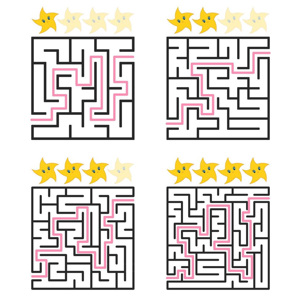 ein quadratisches Labyrinth mit Ein- und Ausgang. ein Satz von vier Optionen von einfach bis komplex. bewertet von den süßen Sternen. Vektor-Illustration isoliert auf weißem Hintergrund. mit der Antwort. vektor