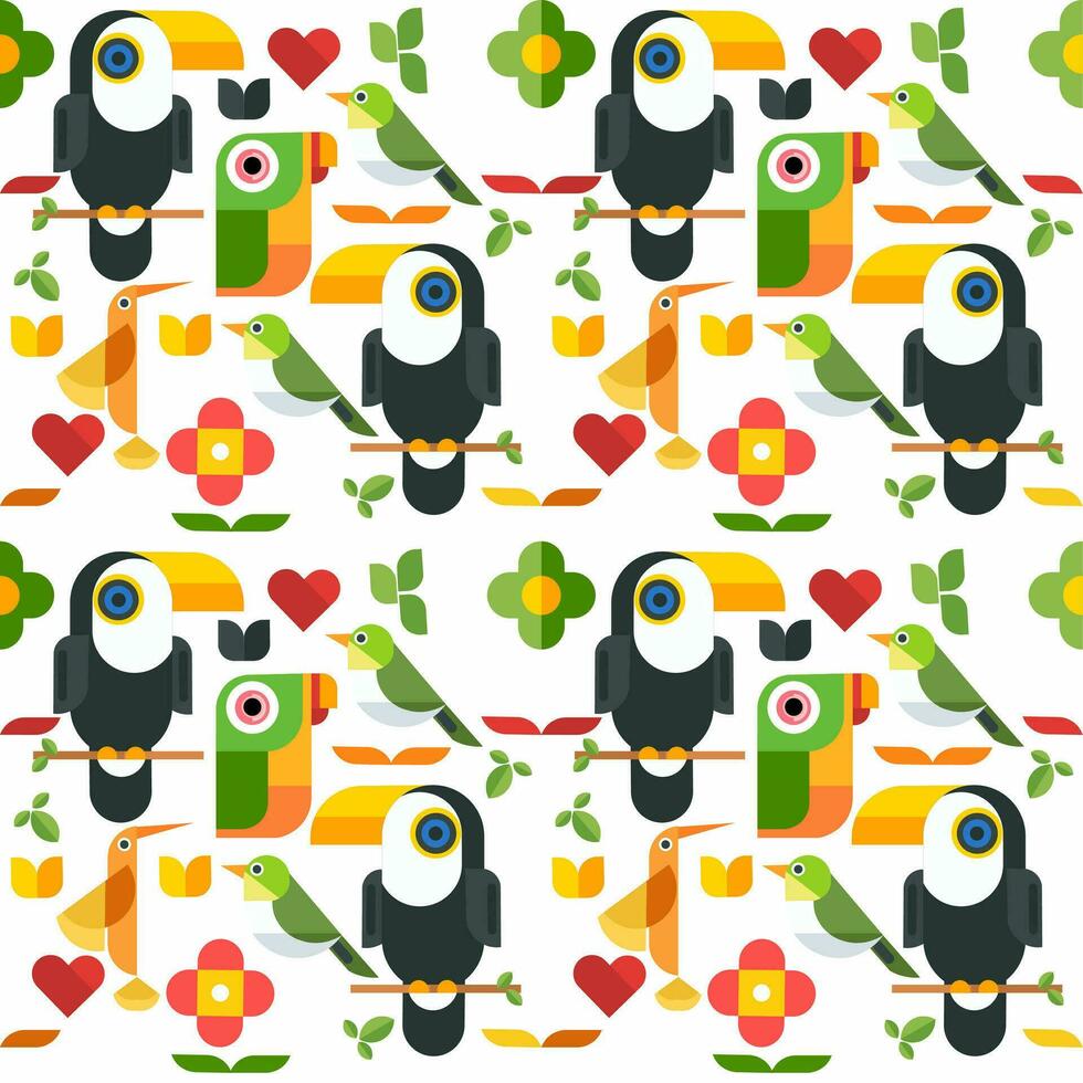 nahtlos Muster mit Urwald Vögel eine solche wie Kolibri, Papageien, Tukane und andere klein Vögel, mit Blatt und Blume Ornamente. Vektor Illustration, sehr geeignet zum Hintergründe, Verpackung Papier,