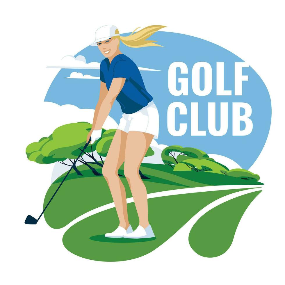 golf kvinna på en grön gräsmatta. professionell sporter tävlingar och hälsa hobbyer. vektor platt illustration