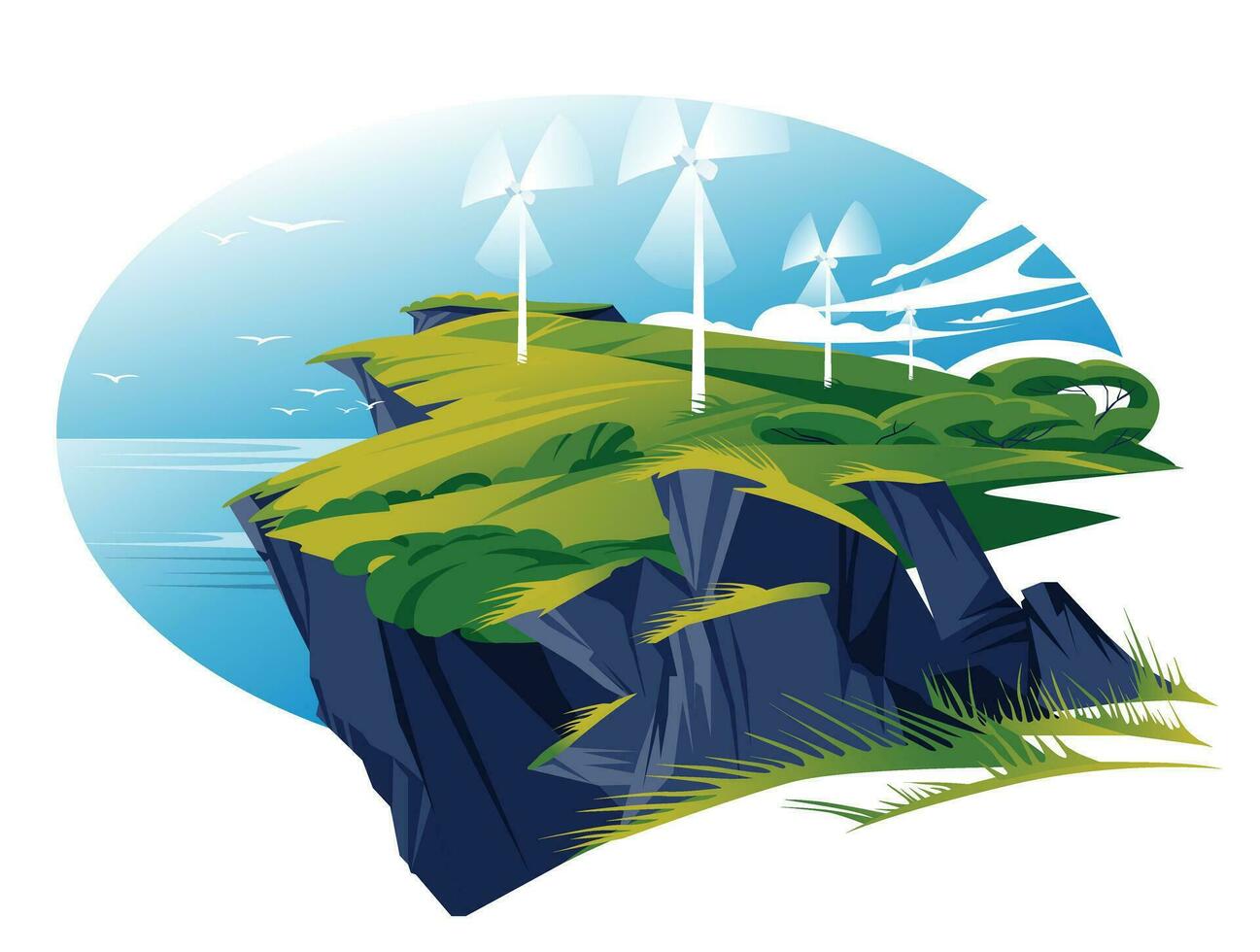 elektrisch Windmühlen auf ein Grün Meer Cliff. Vektor eben Illustration. das Konzept von nachhaltig Energie Entwicklung
