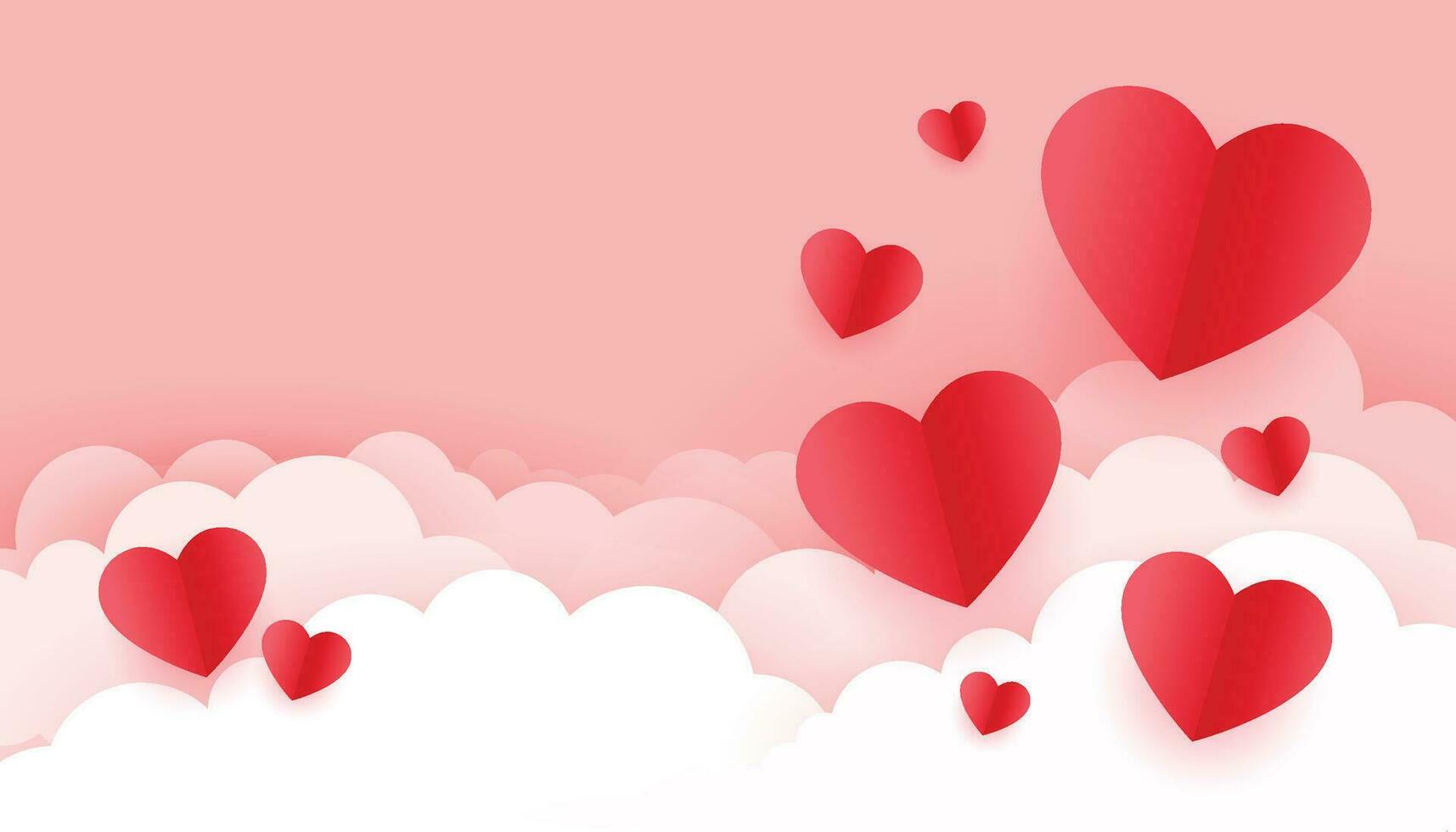 horizontales banner mit rosa himmel und papiergeschnittenen wolken. Platz für Texte. Happy Valentine's Day Sale Header oder Gutscheinvorlage mit Herzen. rose cloudscape randrahmen pastellfarben. vektor