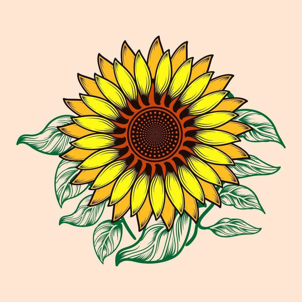 Sonnenblume Handzeichnung Vektor Design mit Grün Blatt