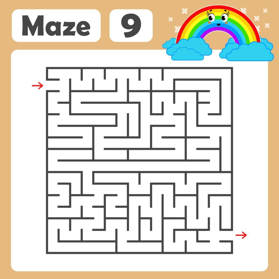 ein quadratisches Labyrinth. Entwicklungsspiel für Kinder. farbige Vektor flach isoliert Illustration. mit einem niedlichen Regenbogen-Cartoon.