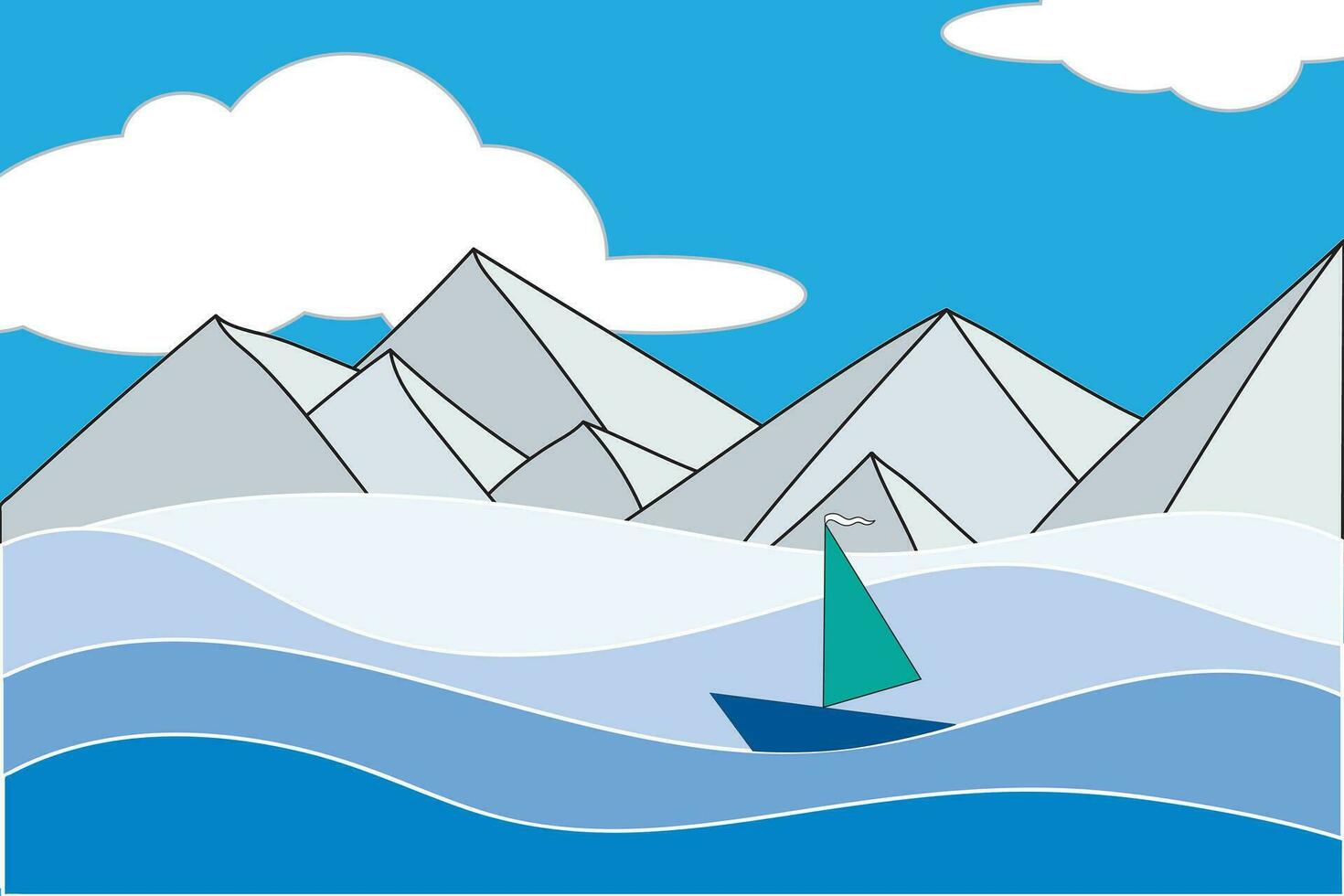 abstrakt Aussicht Boot auf Blau Welle und Berg mit Himmel und Wolke Hintergrund. vektor