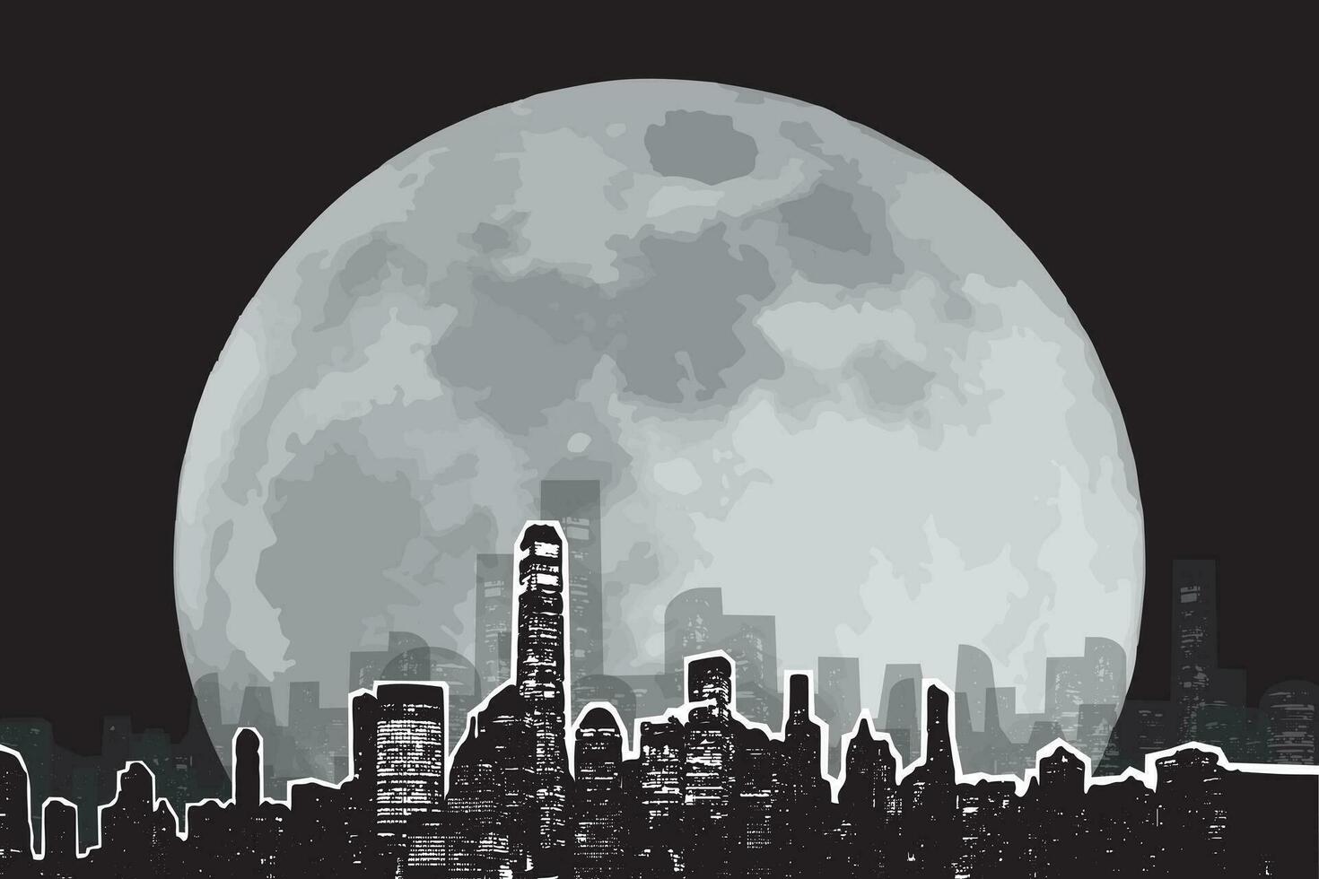 Illustration Aussicht das Stadtbild mit groß Mond auf schwarz Hintergrund. vektor