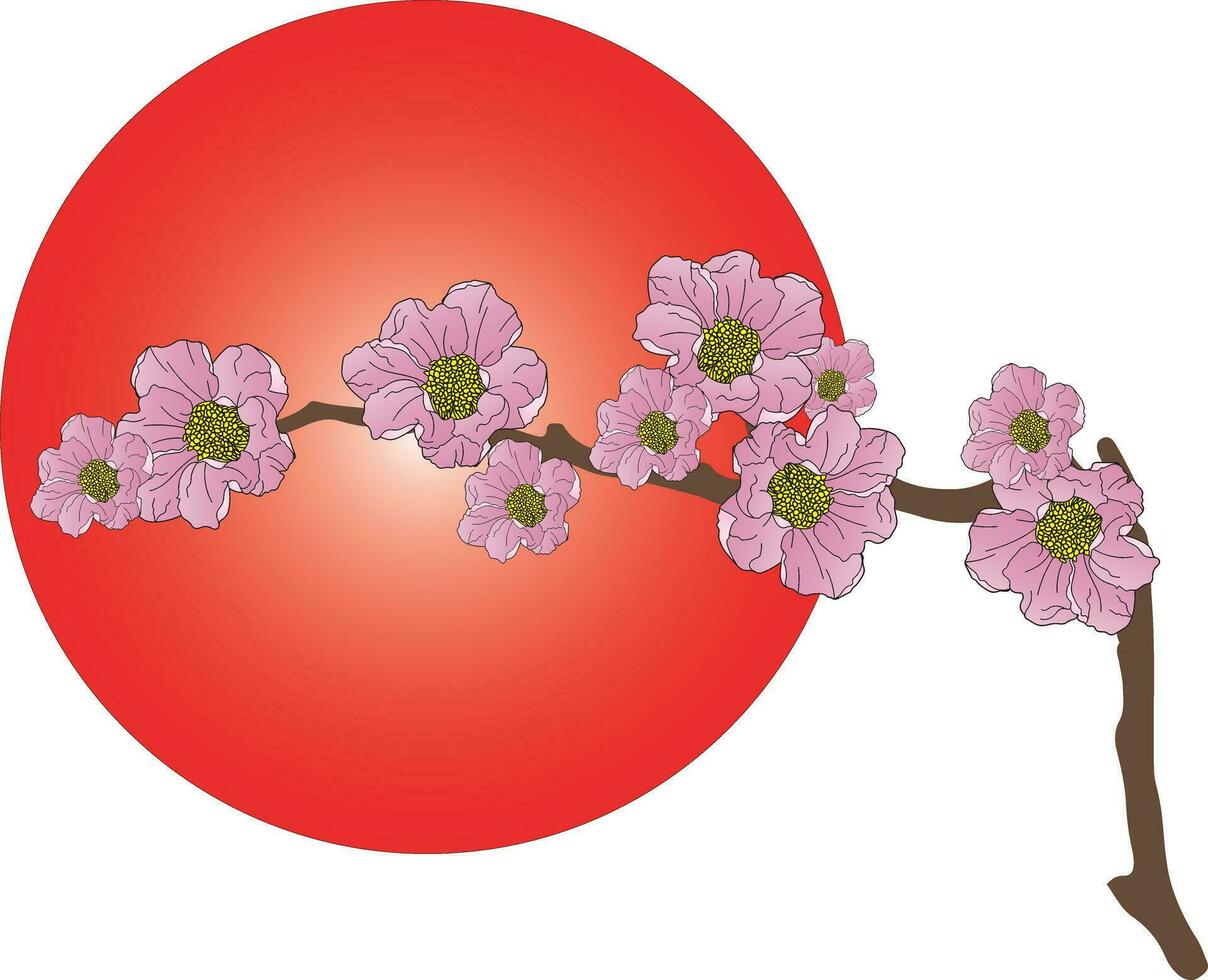 abstrakt de rosa blomma på gren med röd cirkel bakgrund vektor