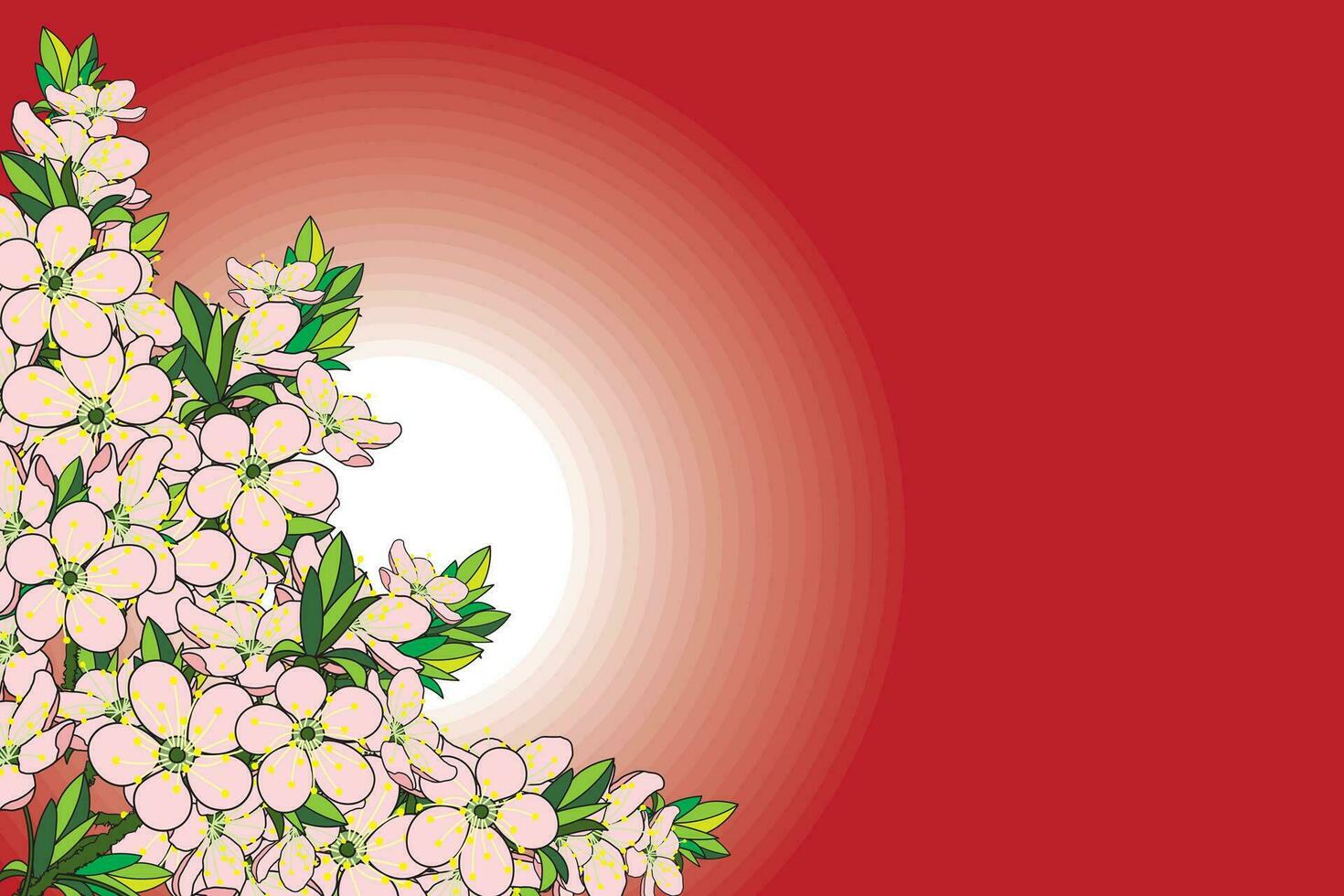 Illustration von das Kirsche Bossen Blume Strauß mit Kreis auf rot Hintergrund. vektor