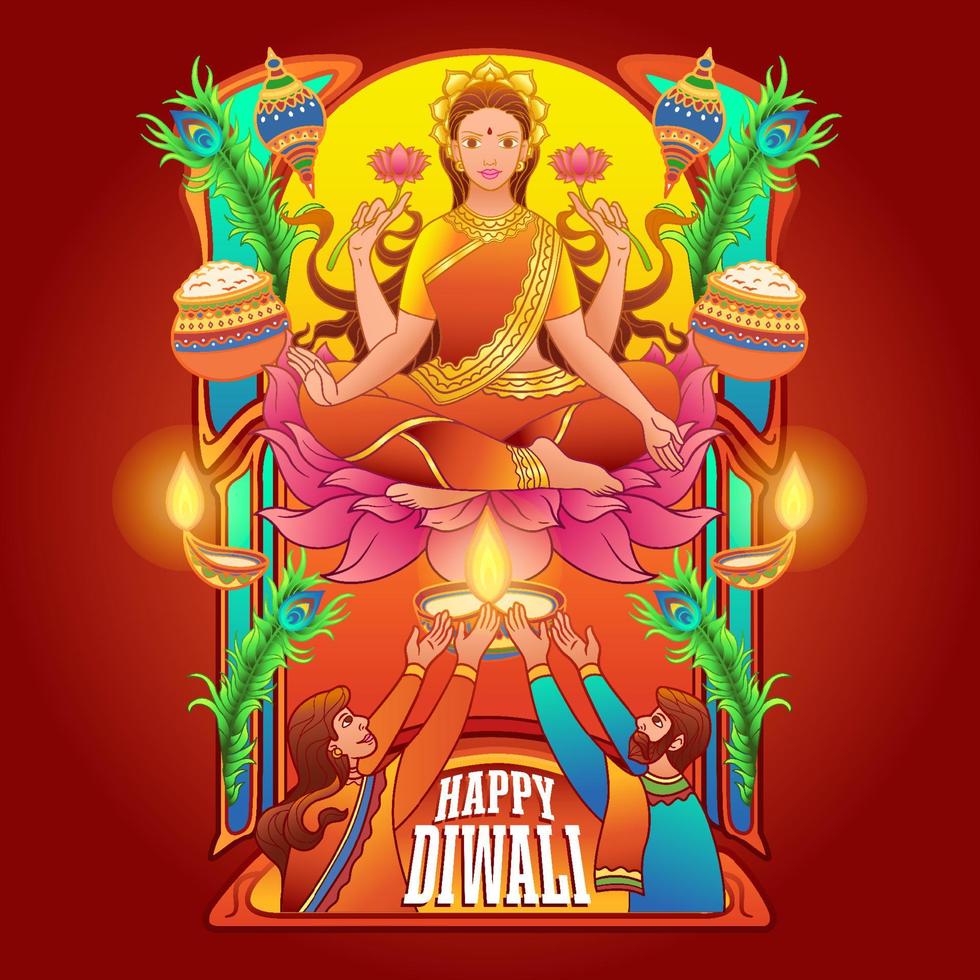 människor tillber gudinnan på diwali -festivalen vektor