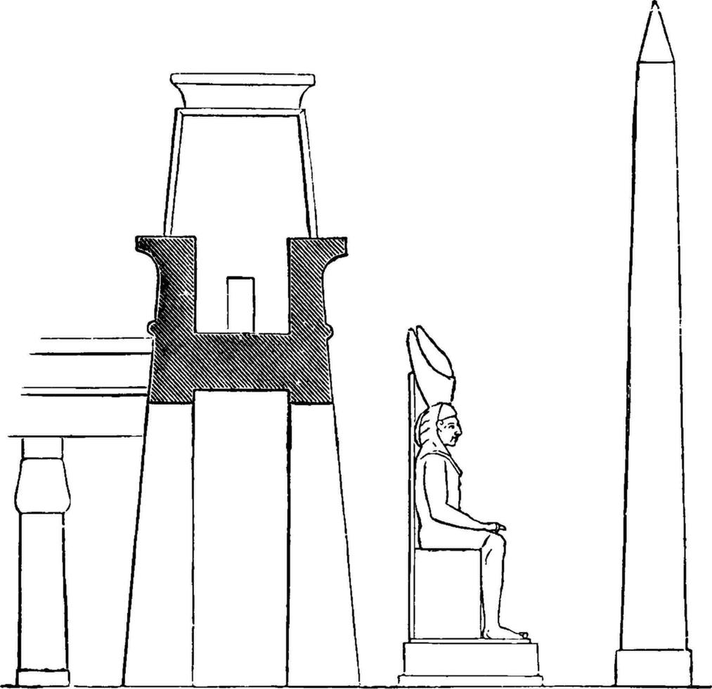 Pylon beim das Palast beim Luxus, Profil mit kolossal Statue und Obelisk, Jahrgang Gravur. vektor