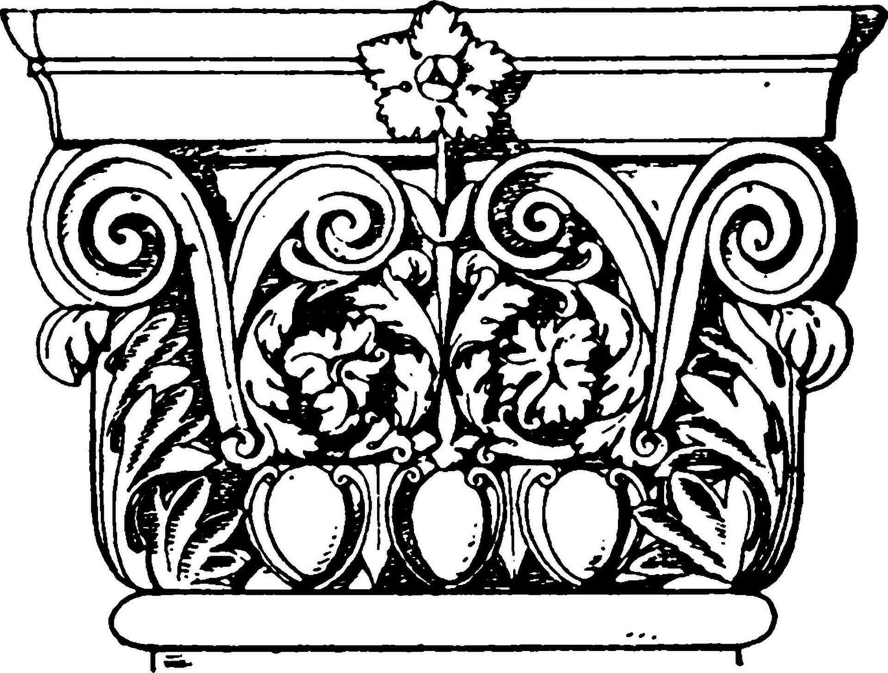 romersk-korintiska pilaster huvudstad, korintiska, årgång gravyr. vektor