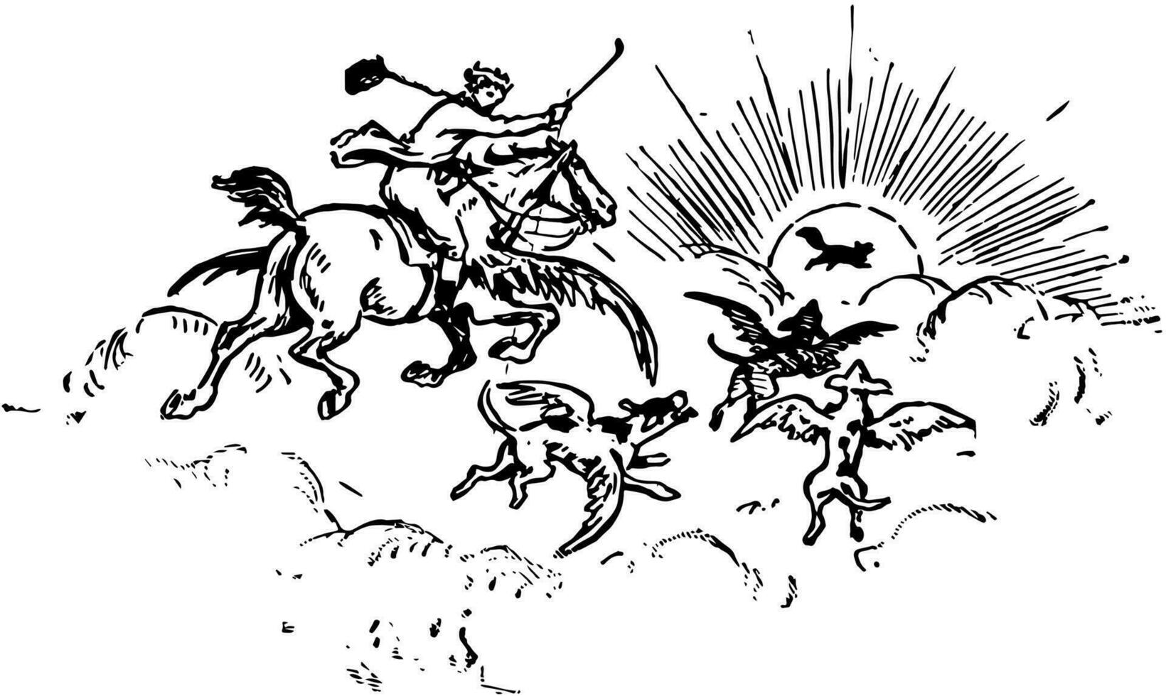 fliegend Pferd und Hunde, Jahrgang Illustration. vektor