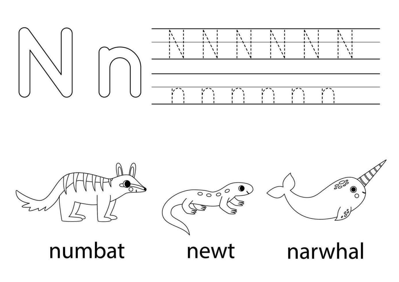 spår versal och små bokstäver brev n. djur- alfabet för ungar. vektor