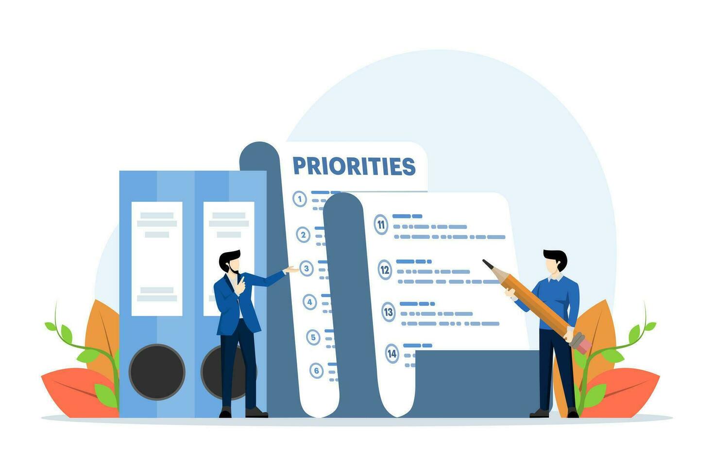 prioritet lista begrepp, Viktig dagordning till do planera och hantera arbete till öka effektivitet, arbete förvaltning, checklista med prioritet mål och brådskande karaktär urval bearbeta, vektor illustration.