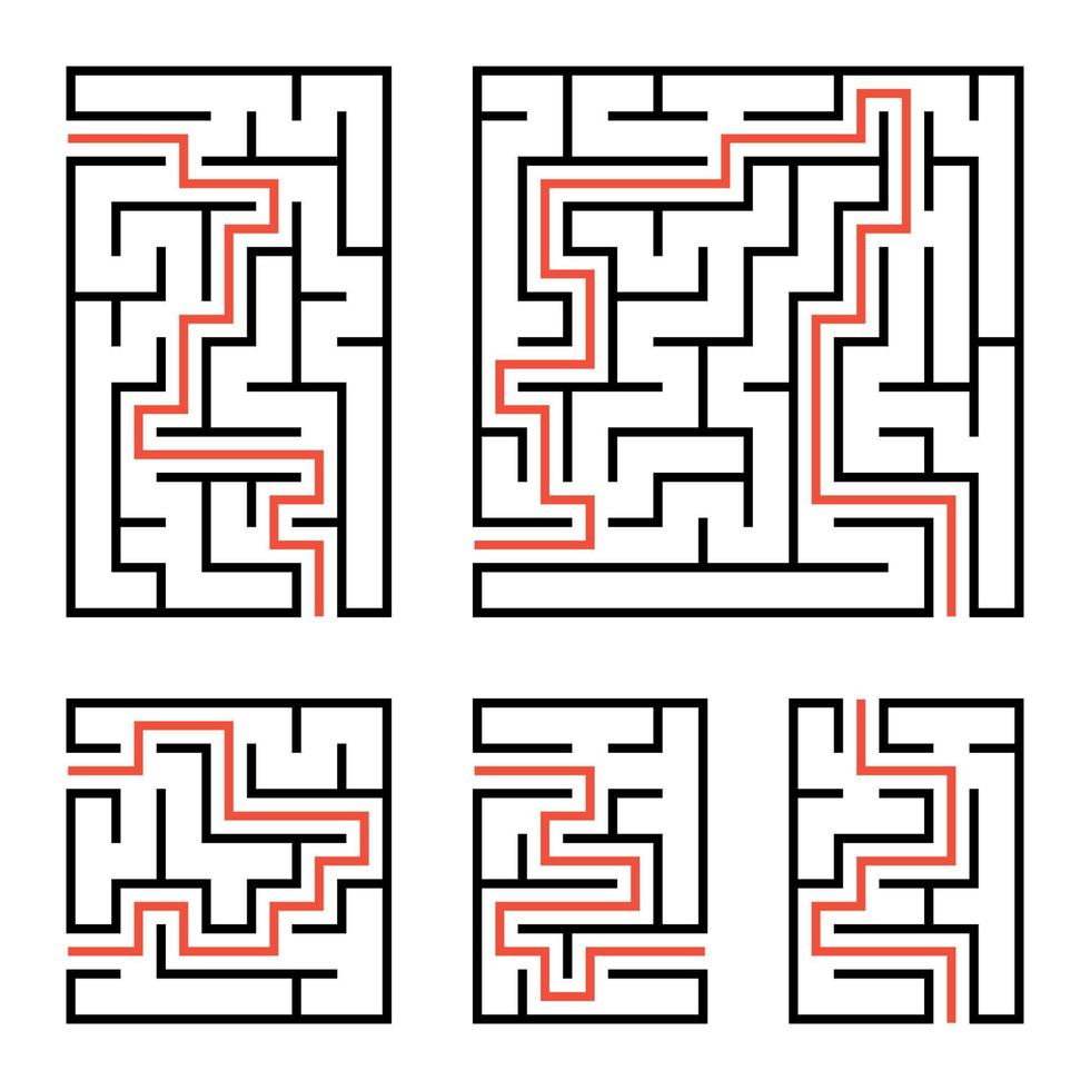 eine Reihe von quadratischen und rechteckigen Labyrinthen mit Ein- und Ausgang. einfache flache Vektorillustration lokalisiert auf weißem Hintergrund. mit der Antwort. vektor