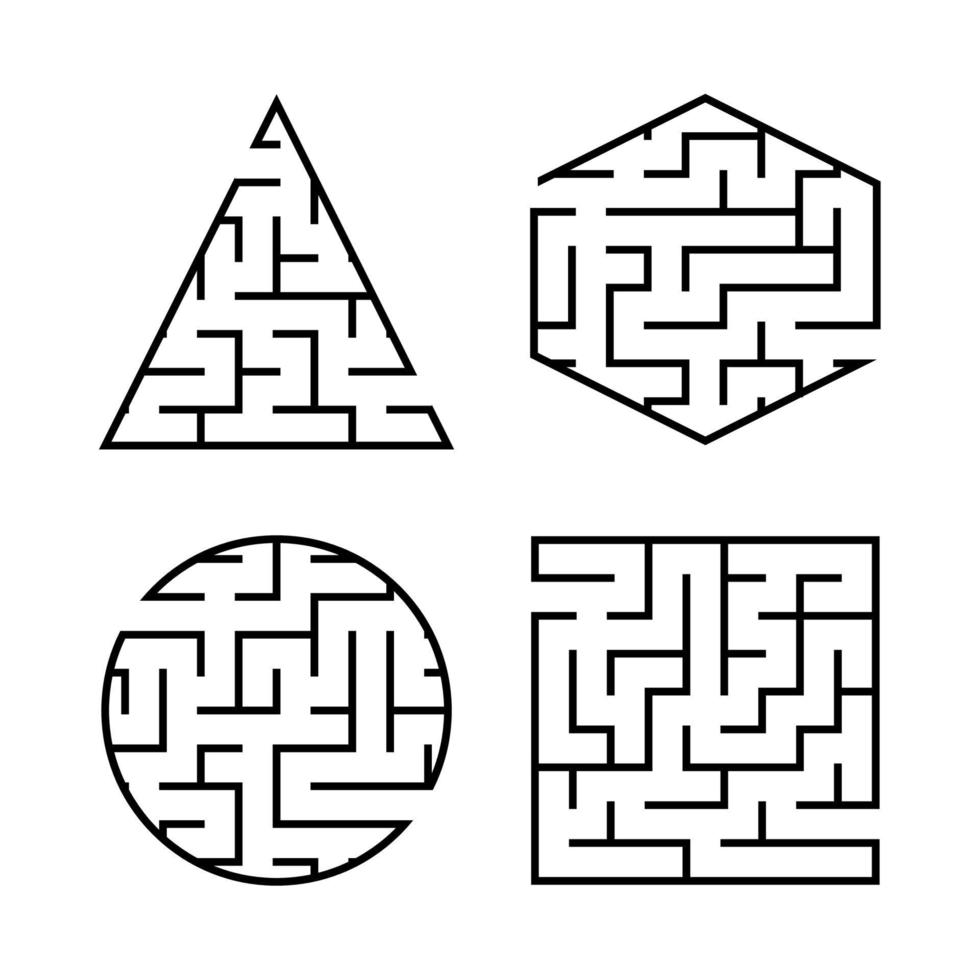 eine Reihe von Labyrinthen für Kinder. ein Quadrat, ein Kreis, ein Sechseck, ein Dreieck. einfache flache Vektorillustration lokalisiert auf weißem Hintergrund. vektor