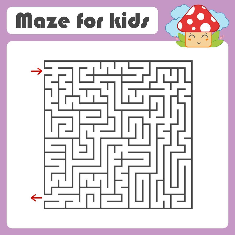 schwarzes quadratisches Labyrinth mit Ein- und Ausgang. mit einem niedlichen Cartoon-Pilz. einfache flache Vektorillustration lokalisiert auf weißem Hintergrund. vektor