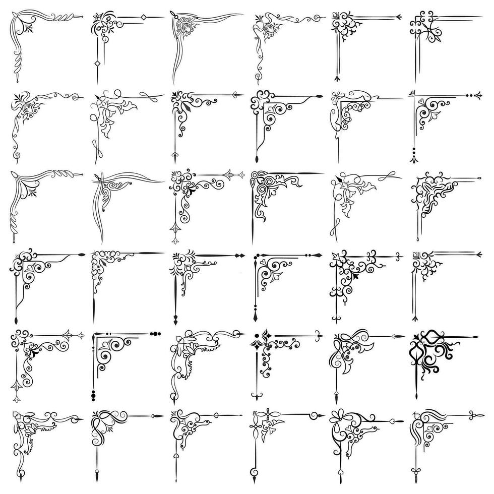 vektor illustration av dekorativ hörn ram uppsättning. hand dra av hörn annorlunda former blomma dekoration vektor design klotter skiss stil för bröllop och baner.