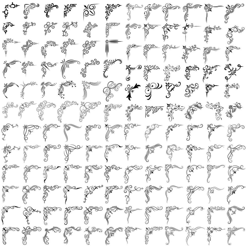 vektor illustration av dekorativ hörn ram uppsättning. hand dra av hörn annorlunda former blomma dekoration vektor design klotter skiss stil för bröllop och baner.