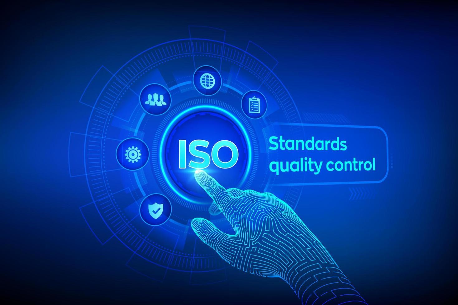 iso-standards qualitätskontrolle garantie geschäftstechnologiekonzept. ISO-Standardisierungszertifizierungsdienstleistungskonzept für die Industrie. Roboterhand, die digitale Schnittstelle berührt. Vektor-Illustration. vektor