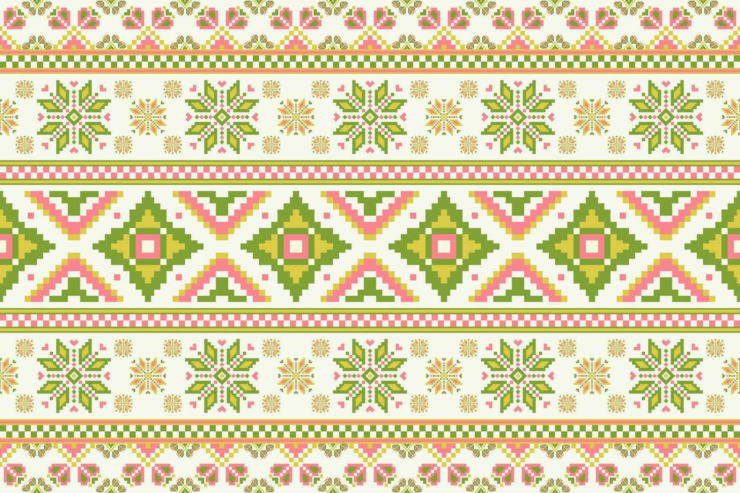 ethnisch geometrisch Blumen- bunt Muster. geometrisch Blumen- gestalten nahtlos Muster Stickerei Pixel Kunst Stil. ethnisch geometrisch Muster verwenden zum Textil, Zuhause Dekoration Elemente, Polster, usw vektor