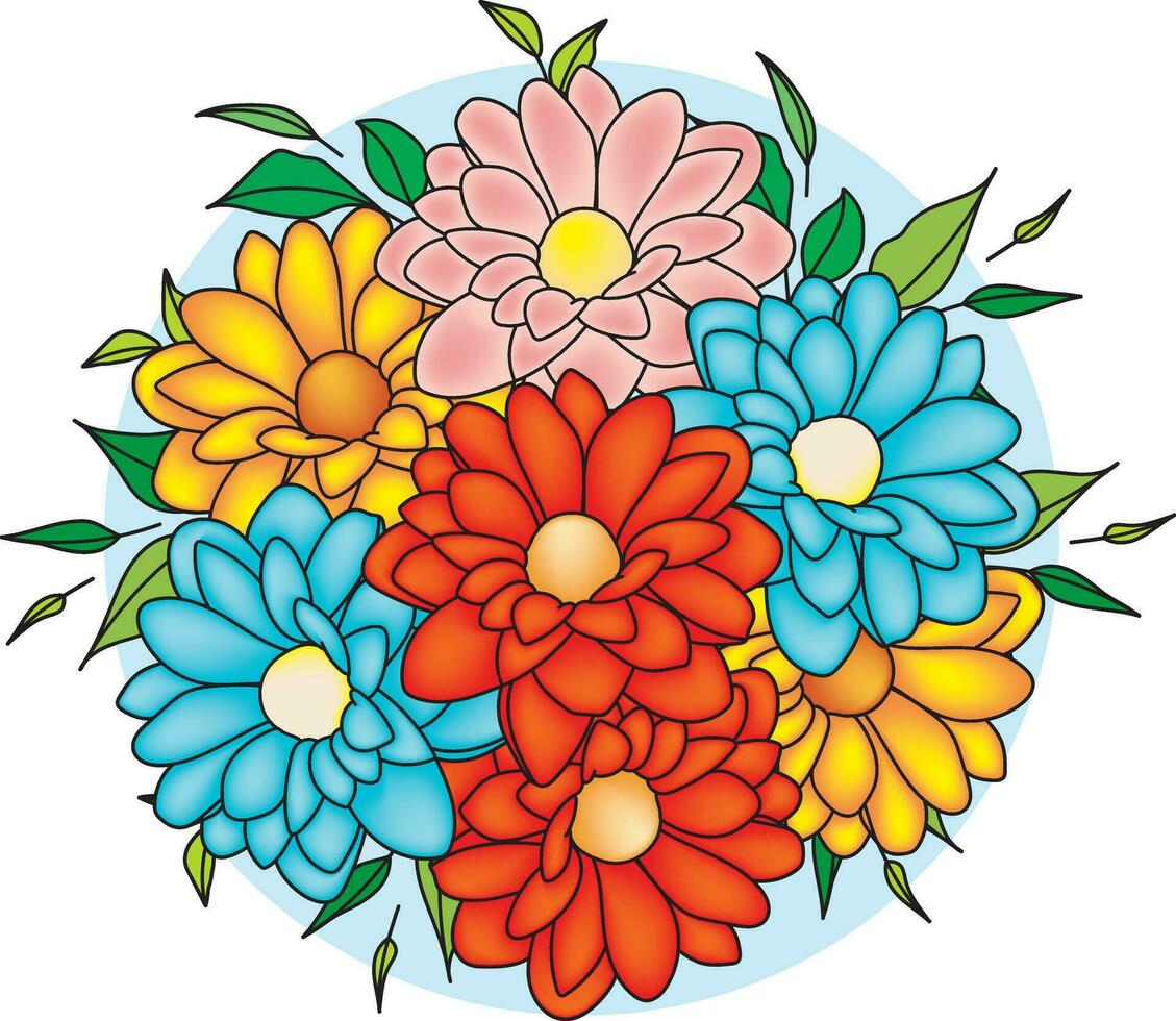 Illustration von das Blume mit Blätter auf Blau Kreis Hintergrund. vektor