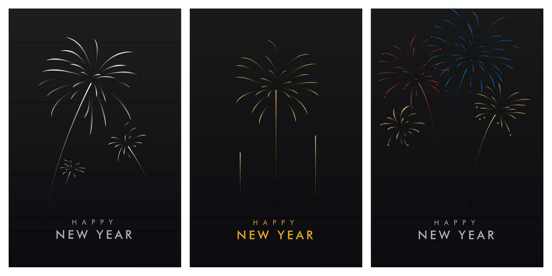 Luxus glücklich Neu Jahr Feier Konzept. Feuerwerk auf schwarz Nacht Himmel Hintergrund Vektor Illustration. zum Herzliche Glückwünsche oder Einladung Karte