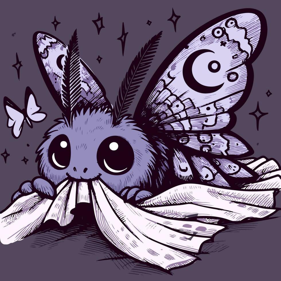 Vektor von ein kawaii nachtaktiv Schmetterlinge Kauen auf ein Stück von Stoff. süß Illustration von ein butterartig Motte Essen Kleider