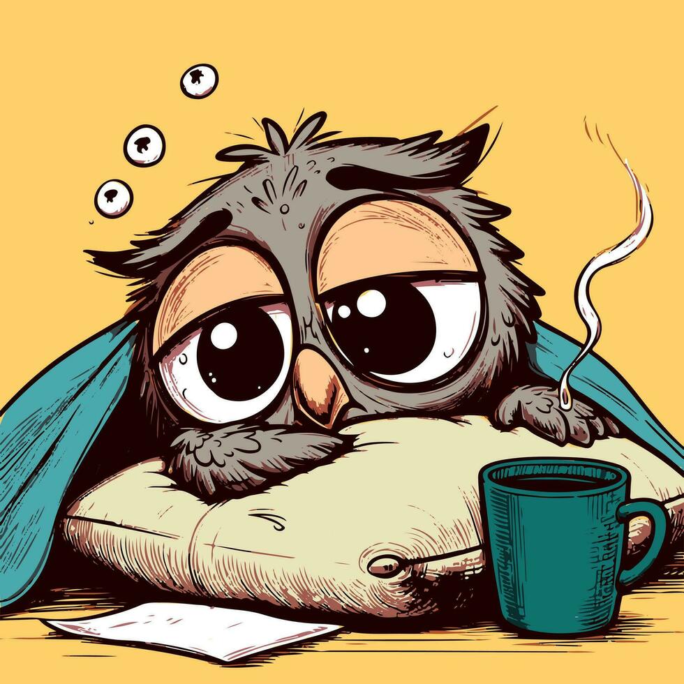 vektor av en tecknad serie Uggla om på en kudde under de filt med en varm morgon- kaffe kopp i främre av Det. teckning av en sömnig fågel vakna upp på en måndag