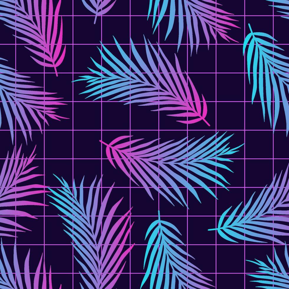 90er Jahre 80er Jahre nahtlos Muster mit Palme Blätter auf Netz. Hintergrund retro Grafik im Synthwave Stil. Gradient, lebendig Elemente zum scifi Grafik. Jahrgang Design zum Nacht Verein und Bar. Miami Schwingungen. vektor