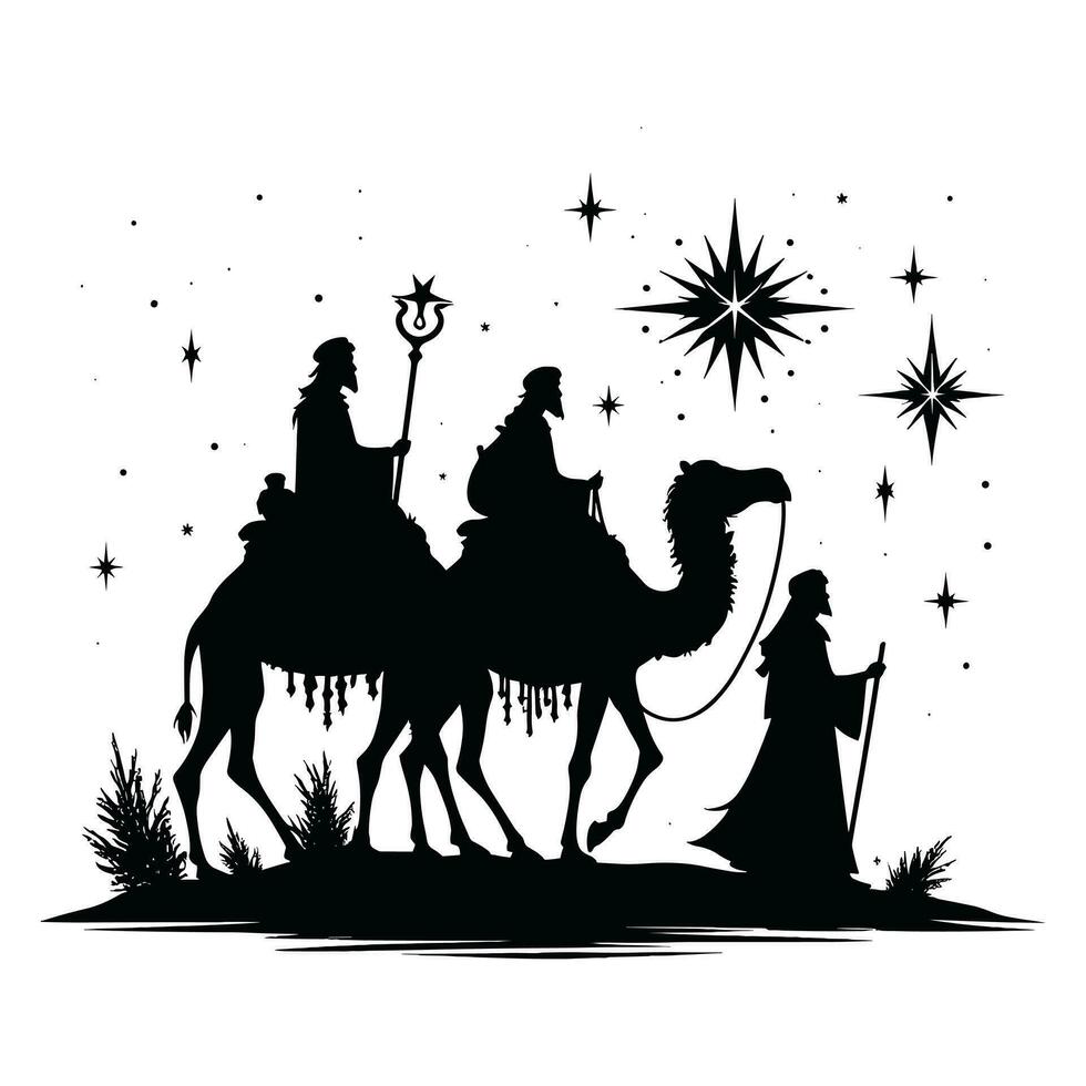 glücklich Offenbarung Tag Design. Silhouette von drei weise Männer auf Kamel, hell Stern, Geburt von Jesus vektor