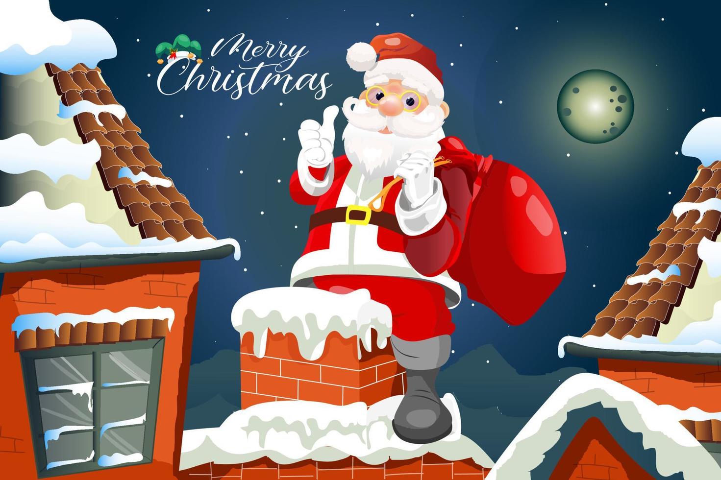 Weihnachtskarikatur-Grußkarte mit dem Weihnachtsmann klettert den Schornstein hinunter vektor