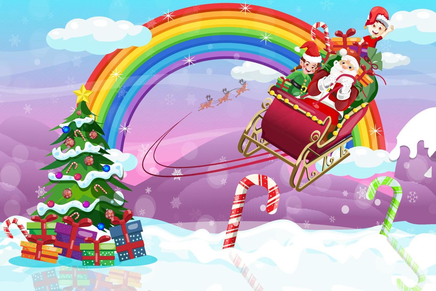 regnbåge jul och gott nytt år bakgrund jultomten flyger med tomtar vektor