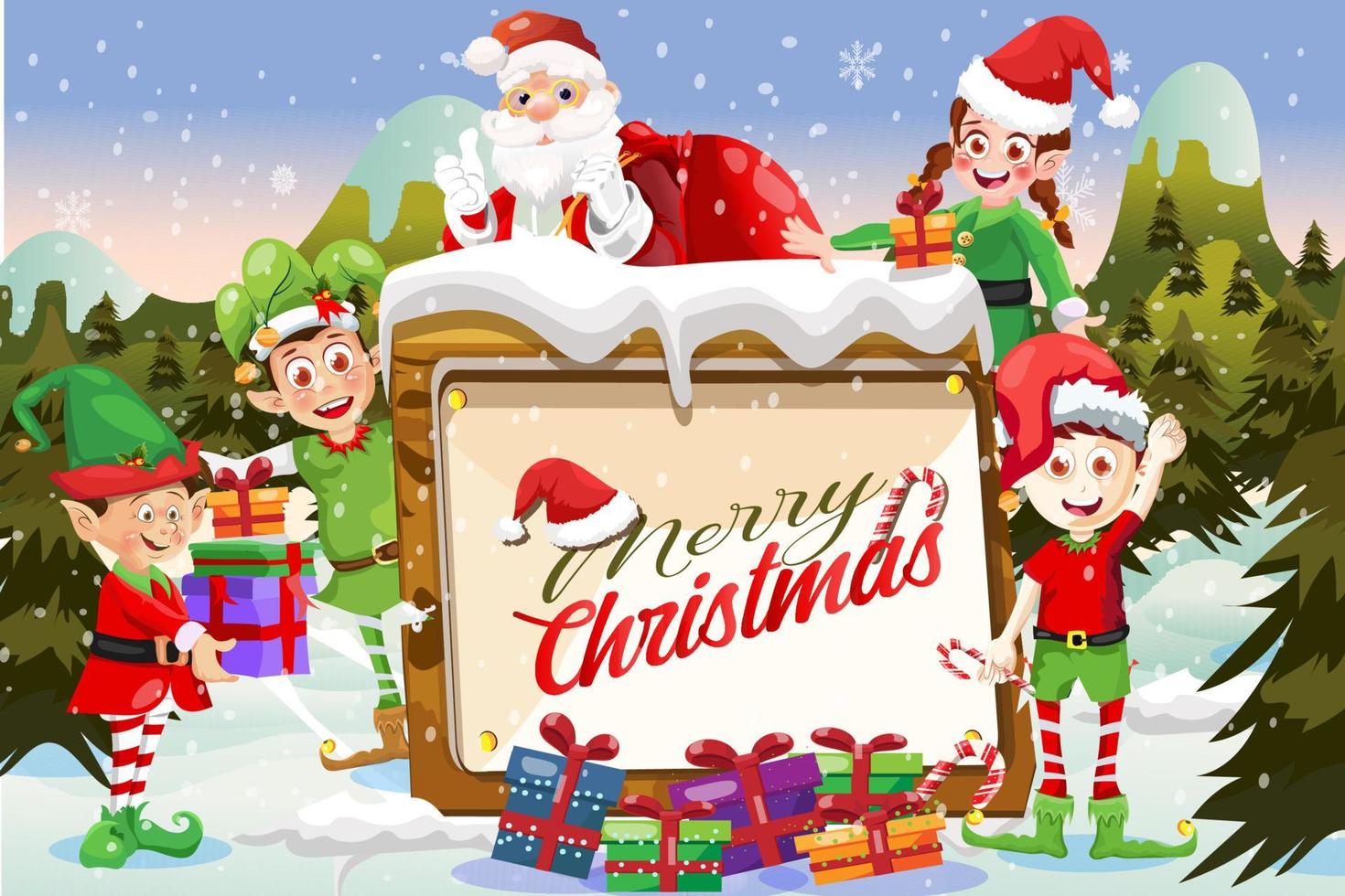 Frohe Weihnachten Grußkarte Cartoon-Szene mit Weihnachtsmann und Elfen Winterzeit vektor