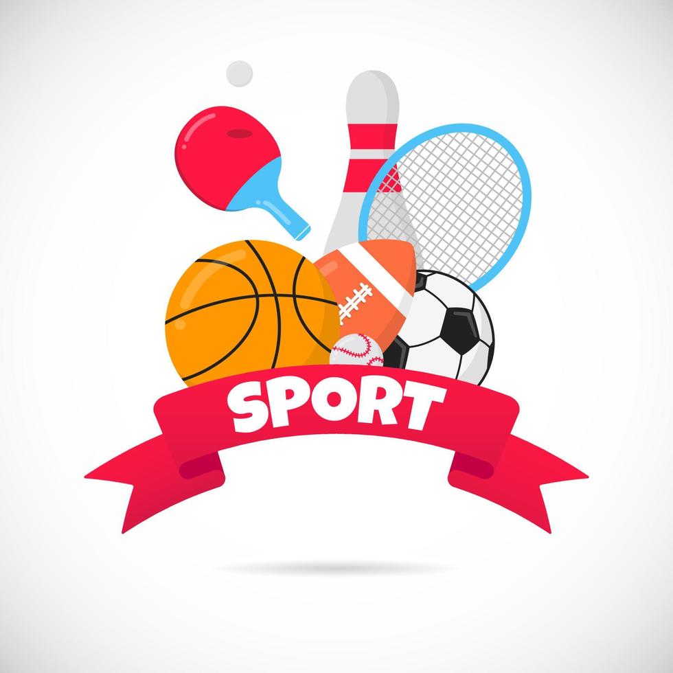 sport platt stil design utrustning affisch vektor illustration med bollar - fotboll, fotboll, basket. bowlingnål, tennis och pingisracket, stort rött band och textutrymme isolerat på vitt.