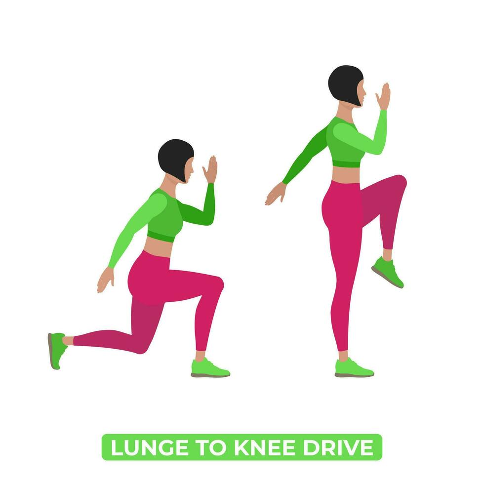 Vektor Frau tun Ausfallschritt zu Knie Antrieb. Körpergewicht Fitness Beine Cardio Übung. ein lehrreich Illustration auf ein Weiß Hintergrund.
