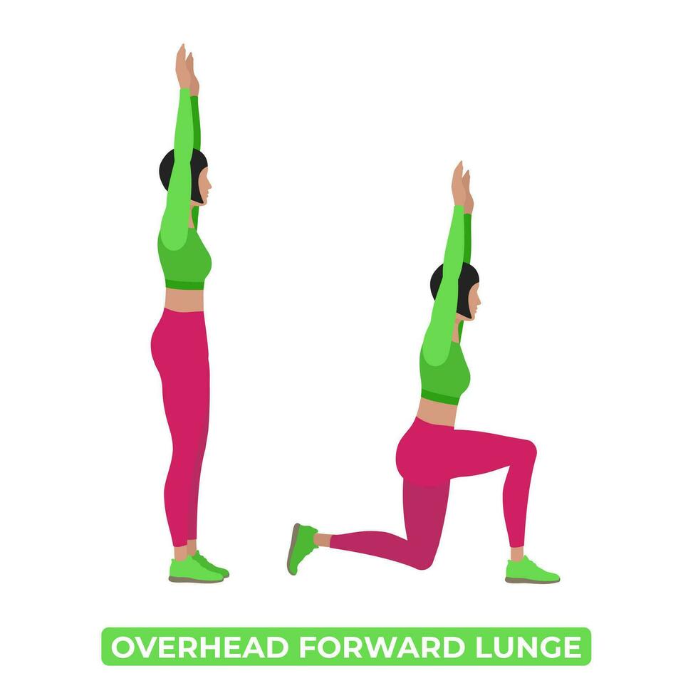 vektor kvinna håller på med över huvudet framåt- utfall. kroppsvikt kondition ben träna träning. ett pedagogisk illustration på en vit bakgrund.