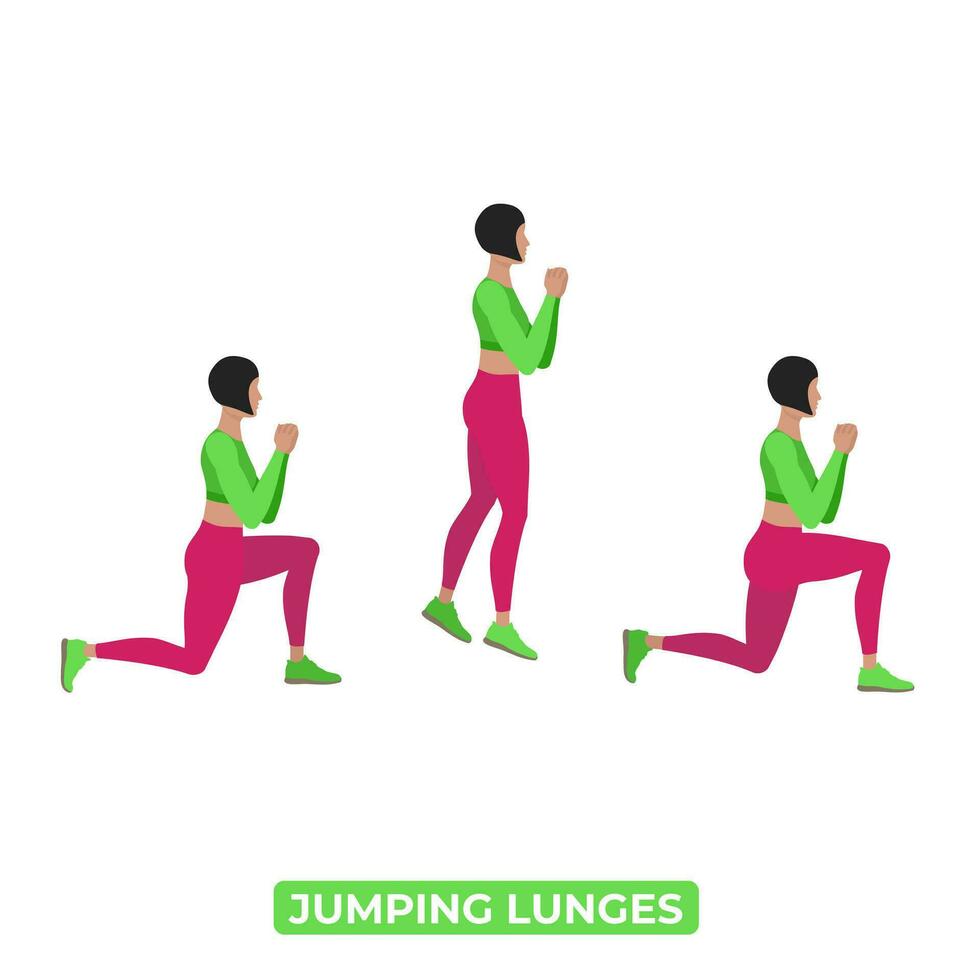 vektor kvinna håller på med Hoppar utfall. dela hoppar. kroppsvikt kondition ben träna träning. ett pedagogisk illustration på en vit bakgrund.
