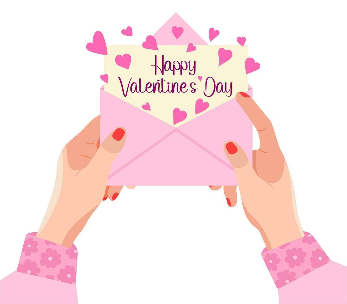 ein Mädchen Hände halt ein öffnen Briefumschlag mit Valentinstag Tag Grüße. glücklich Valentinstag Tag. Liebe Brief, Grüße. romantisch Konzept. Vektor Illustration