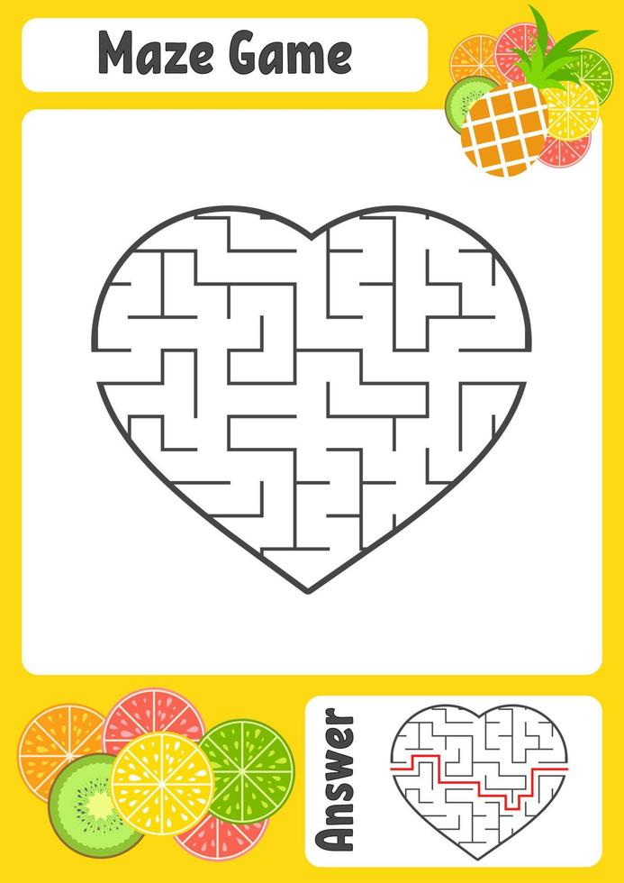 Labyrinth in Form eines Herzens. Arbeitsblätter für Kinder. Aktivitätsseite. Spielpuzzle für Kinder. appetitliche tropische Früchte. Labyrinth Rätsel. Vektor-Illustration. mit Antwort. vektor