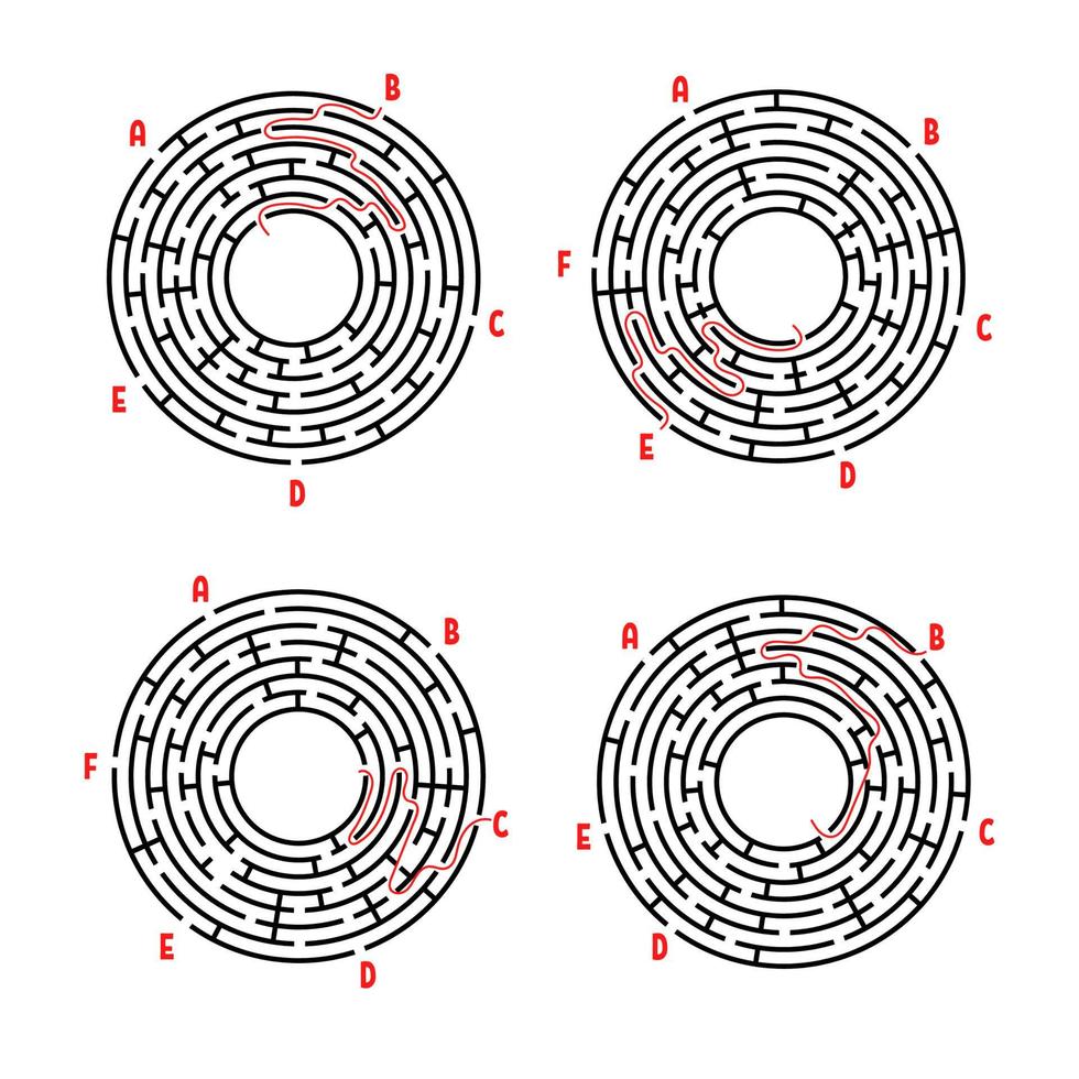 eine Reihe von runden Labyrinthen. Spiel für Kinder. Puzzle für Kinder. Labyrinth Rätsel. flache Vektorillustration lokalisiert auf weißem Hintergrund. mit Antwort. vektor