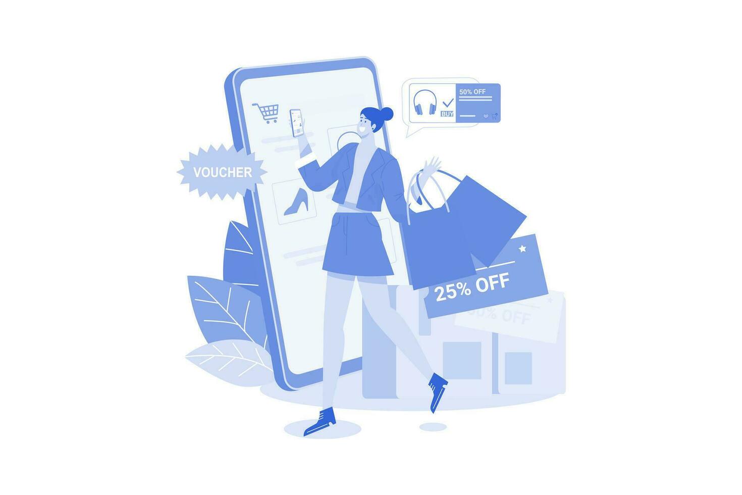 kvinna ansöker kupong för rabatt på online shopping vektor