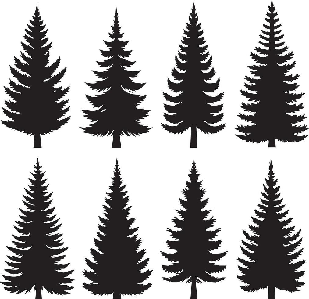 Silhouette solide Vektor Symbol einstellen von Weihnachten Baum, Weihnachten Baum, Tanne Baum, Tannenbaum, immergrün, Nadelbaum, Kiefer Baum, Urlaub Baum, festlich Baum, dekoriert Baum, saisonal Baum.