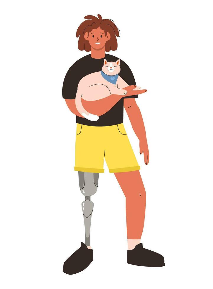 jung Mann mit ein Prothese Bein. Haustier Inhaber mit ein Katze. vielfältig Menschen mit Behinderungen. eben Vektor Illustration.