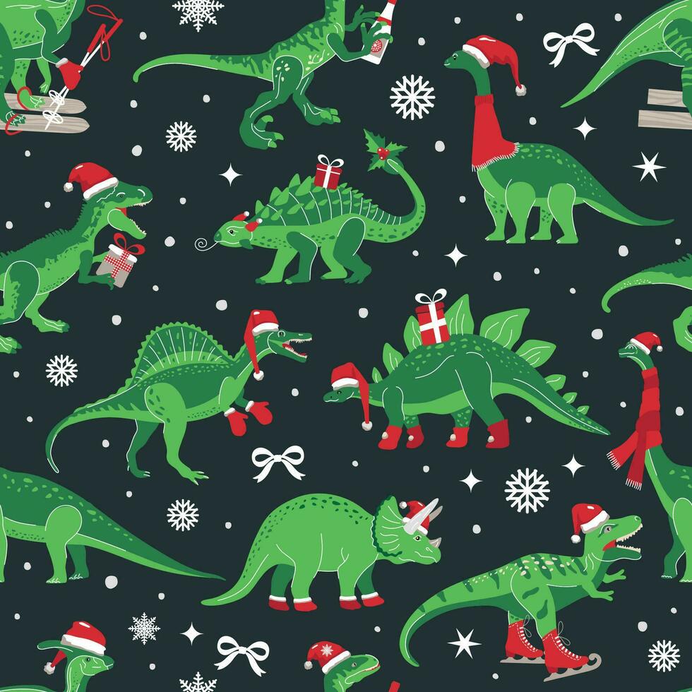 dino jul fest träd rex. dinosaurie i santa hatt dekorerar. vektor sömlös mönster av rolig karaktär i tecknad serie platt stil.