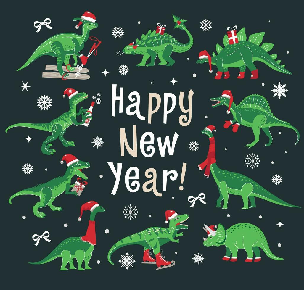 Dino Weihnachten Party glücklich Neu Jahr. Dinosaurier im Santa Hut schmückt. Vektor Illustration von komisch Charakter im Karikatur eben Stil.