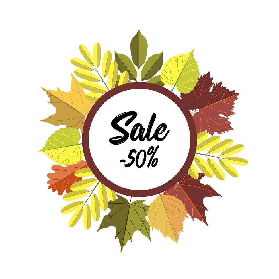 Herbst Sale Kreis-Label mit bunten Blättern auf weißem Hintergrund. Vektor-Illustration vektor